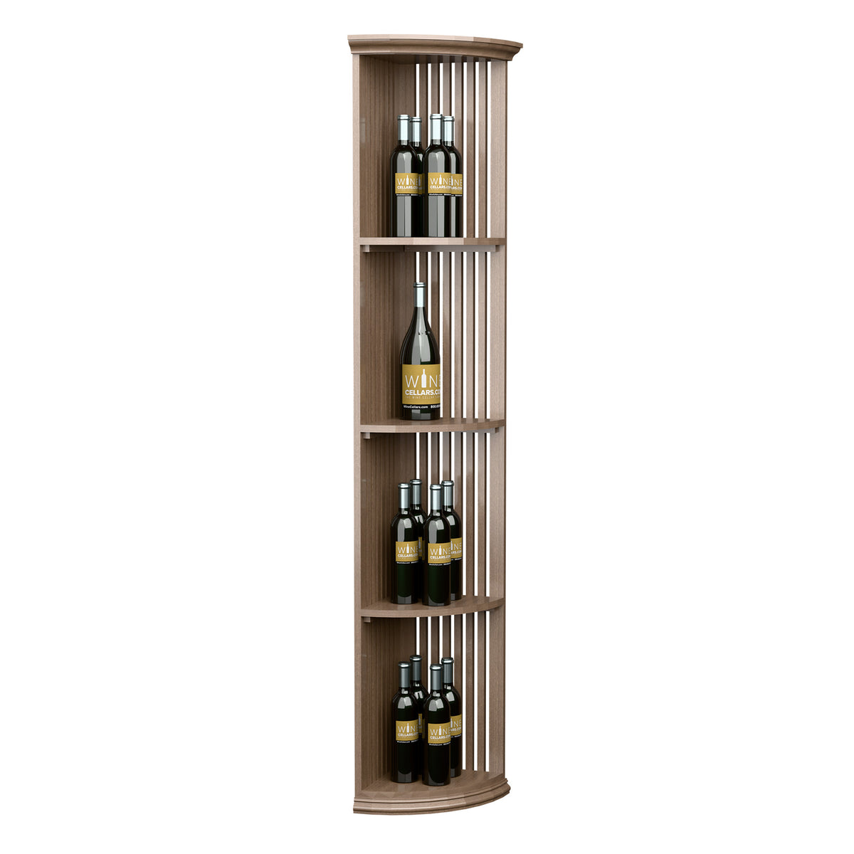 Light wood lattice quarter-round wine shelf with round base, four bottles displayed
