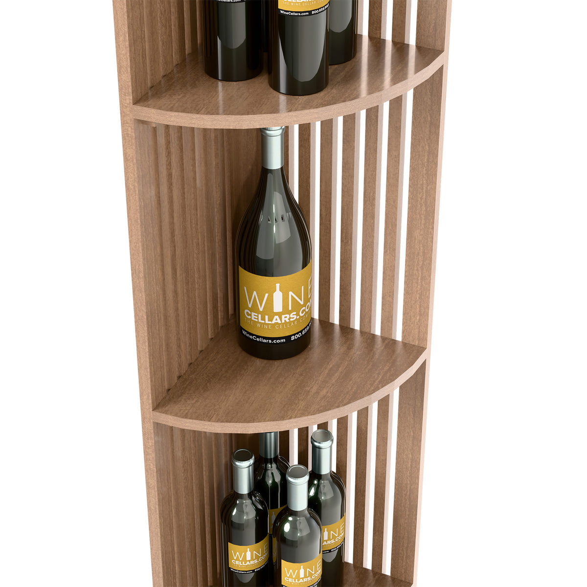 Light wood lattice wine shelf corner with bottle on upper curved shelf