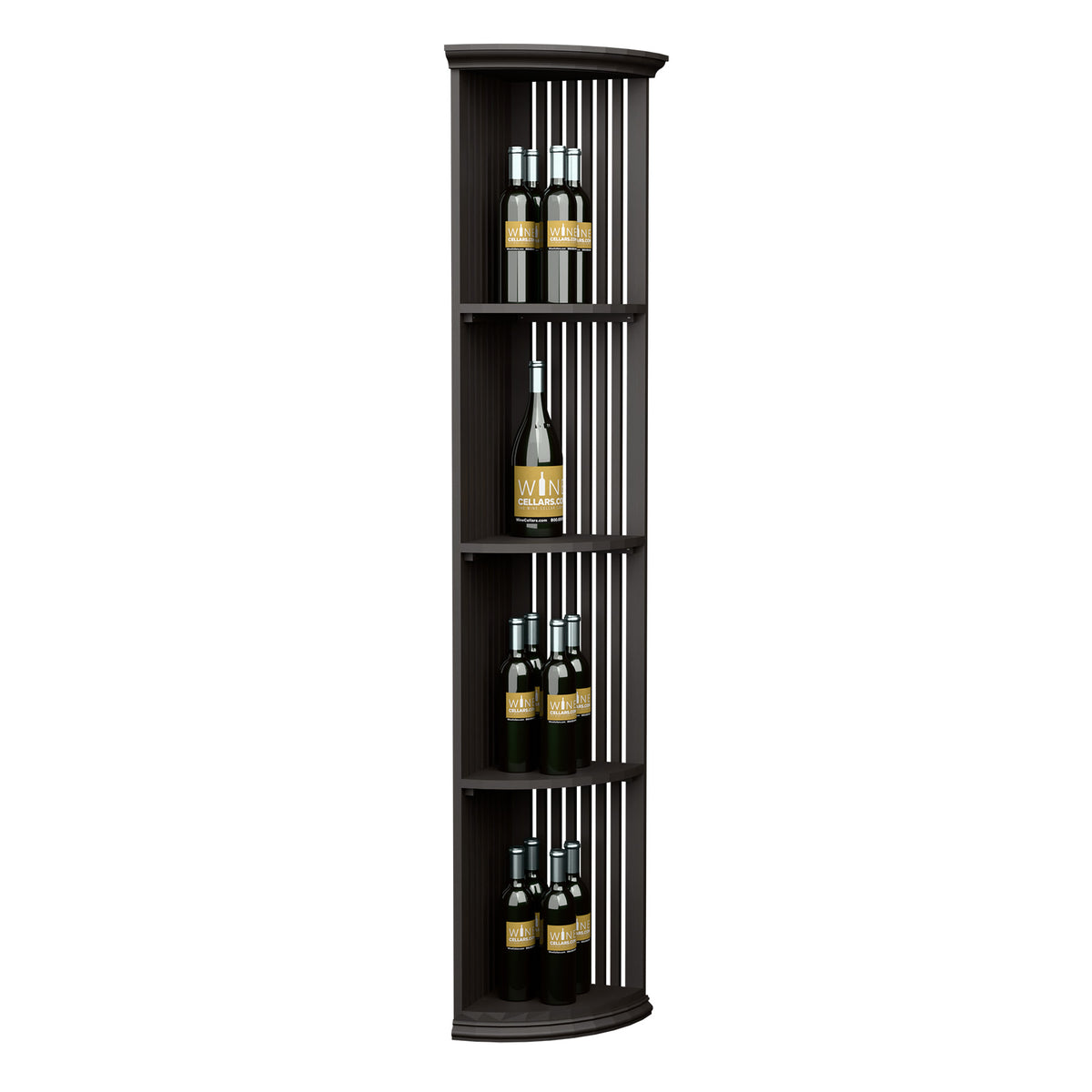 Dark wood lattice quarter-round wine shelf with round base, bottle rows visible
