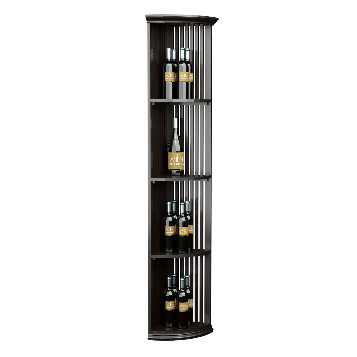 Dark wood tall lattice quarter-round wine shelf with round base and four bottle slots