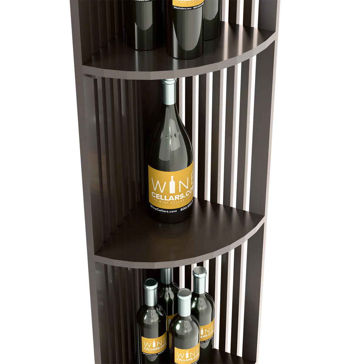 Dark wood lattice wine shelf corner with bottle on upper curved shelf