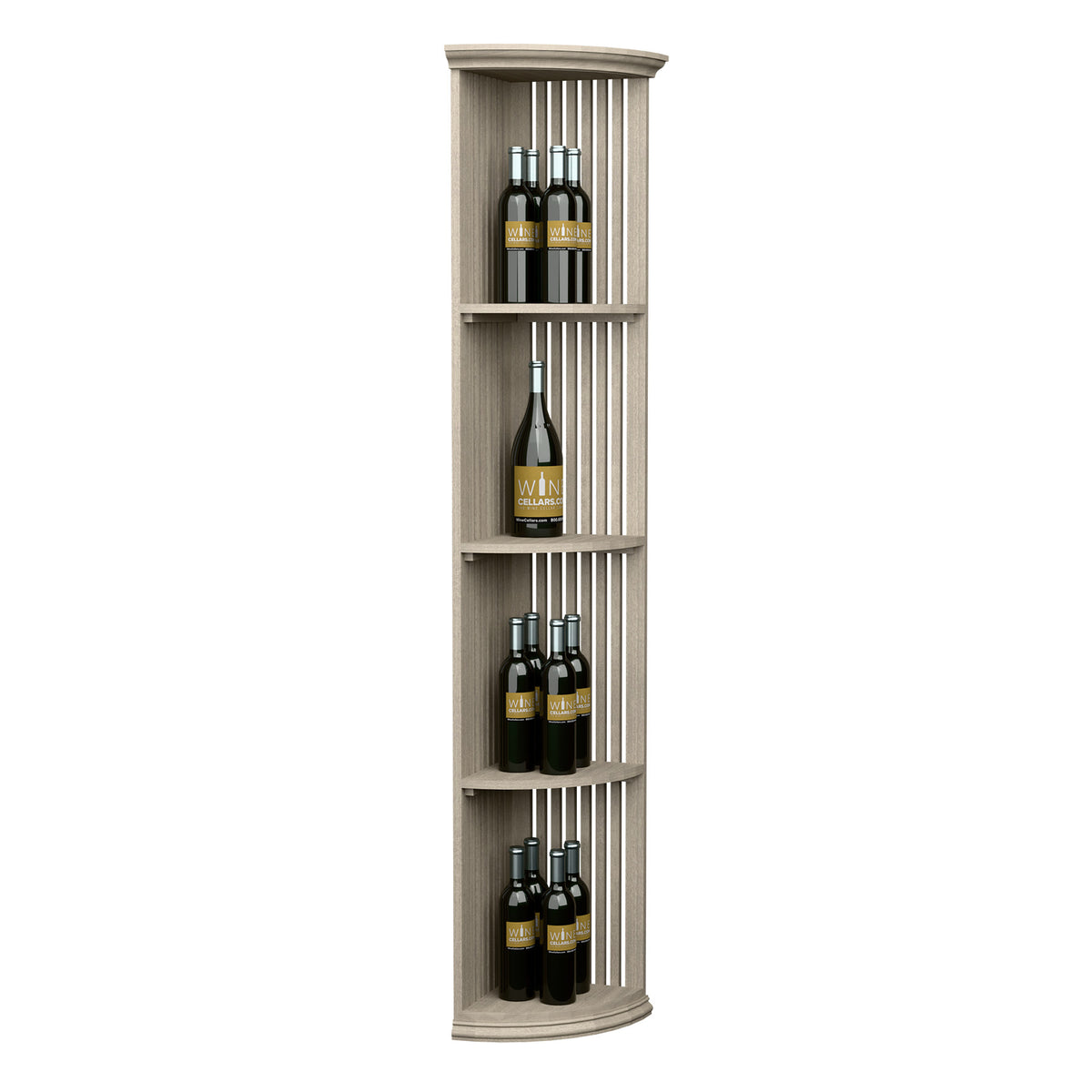 Lattice quarter-round wine shelf with round base, gray wood finish and three tiers