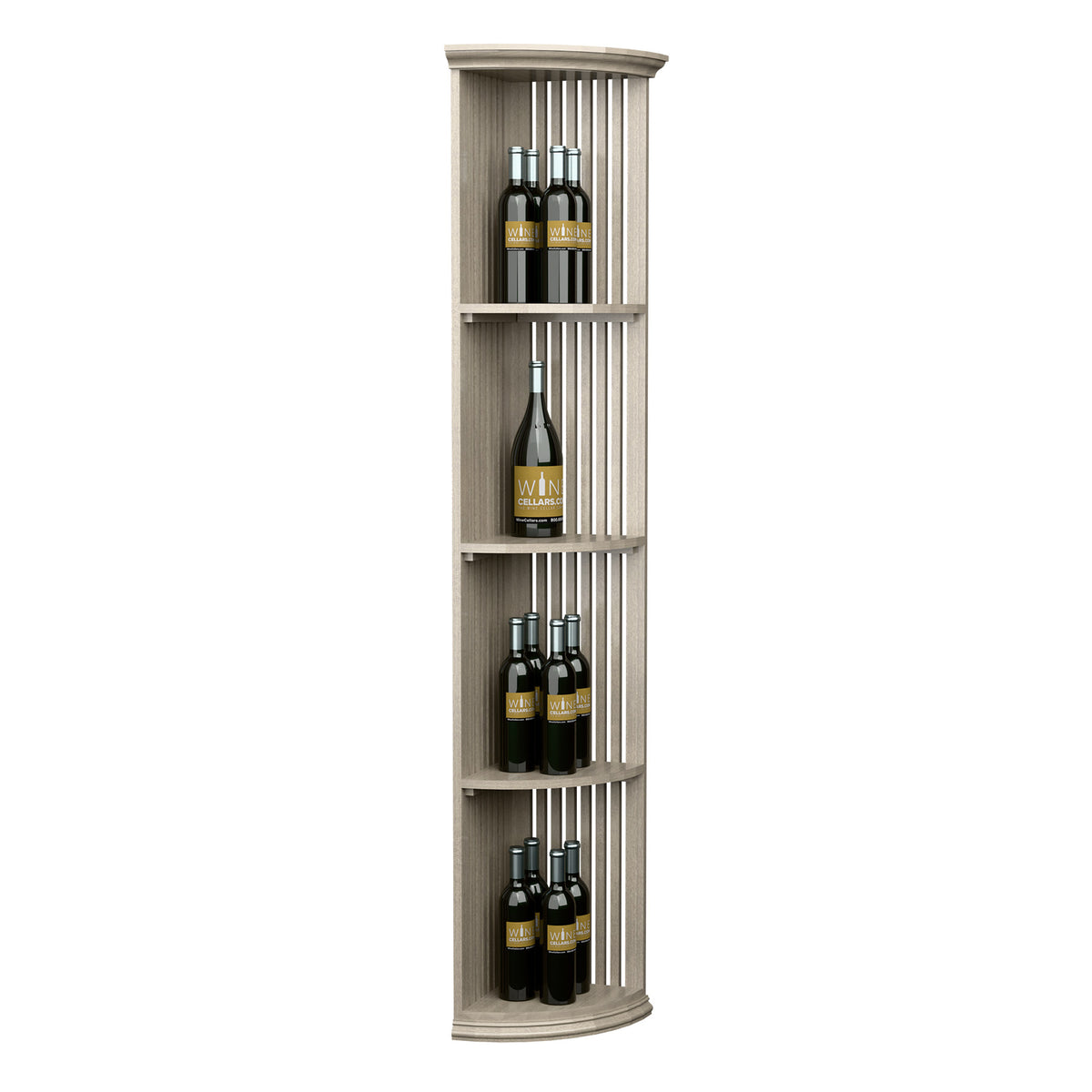Lattice quarter-round wine shelf with round base, gray wood finish and bottle racks