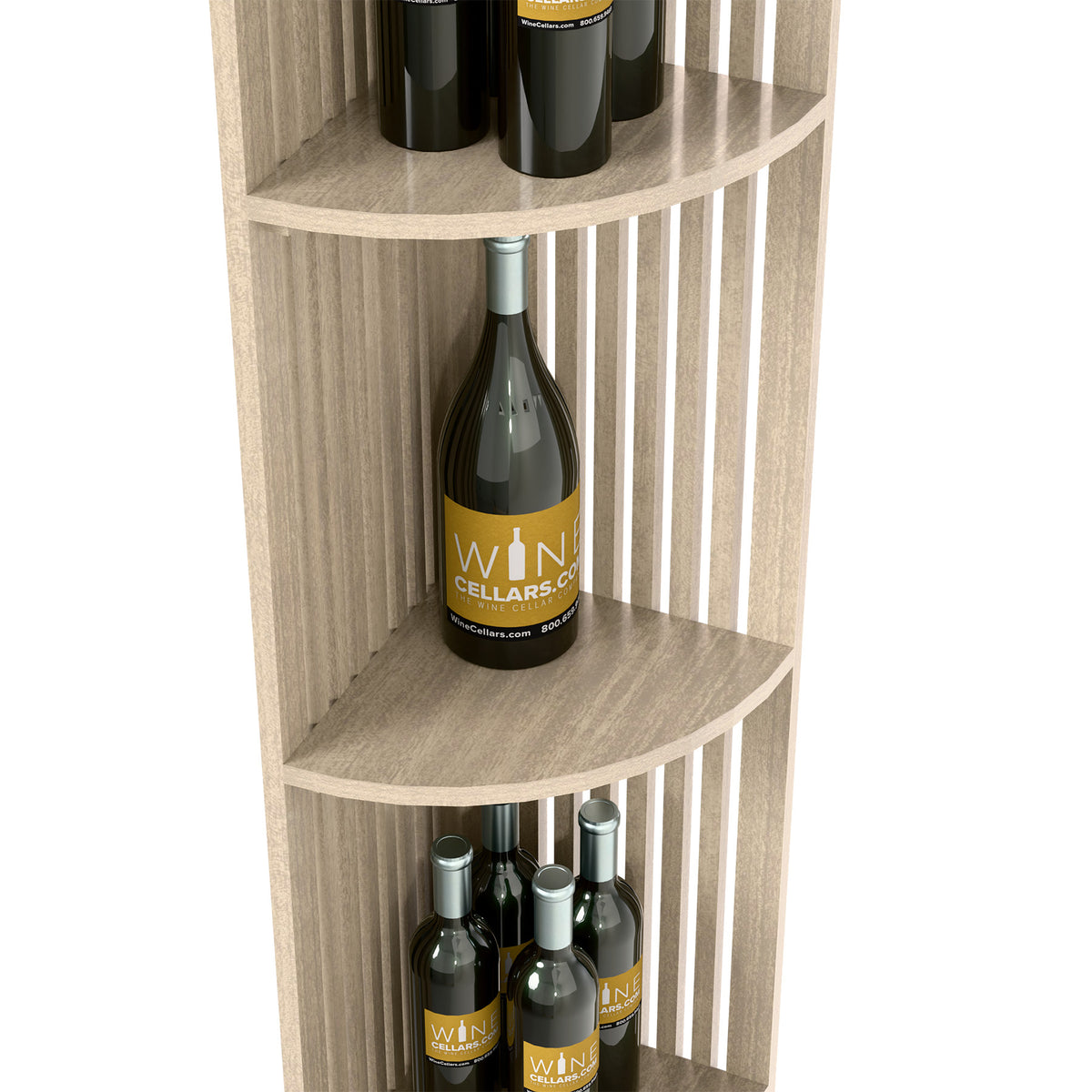 Lattice quarter-round wine shelf, gray wood corner unit with curved shelves for bottles