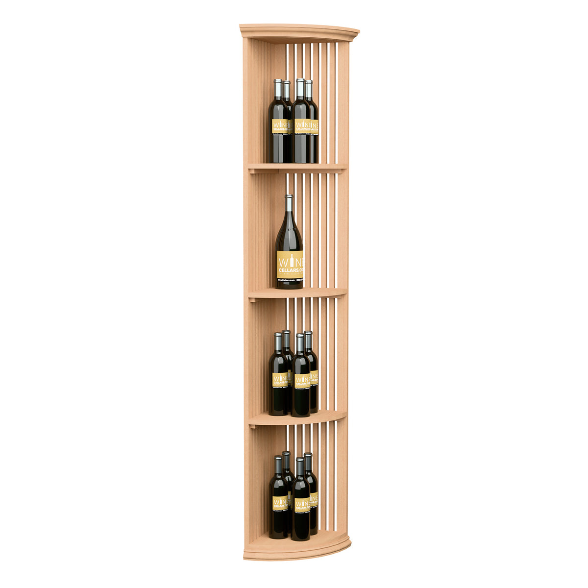 Lattice quarter-round wine shelf with round base, light wood finish and three bottle tiers