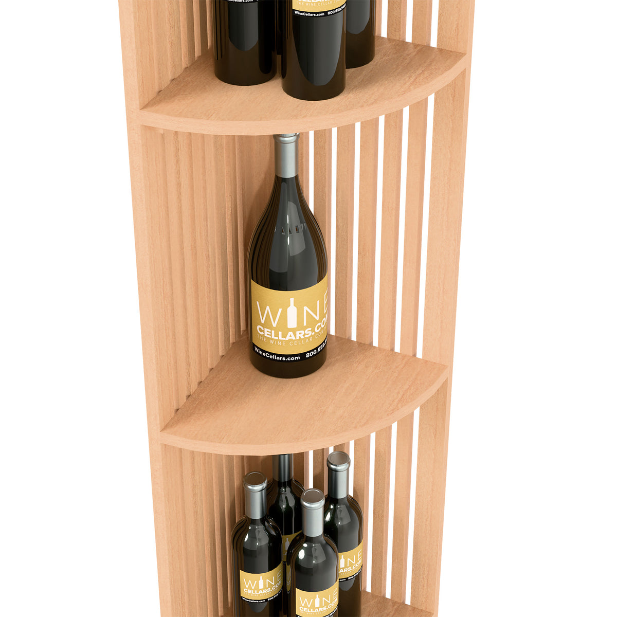 Lattice quarter-round wine shelf, light wood corner unit with curved shelves and bottles