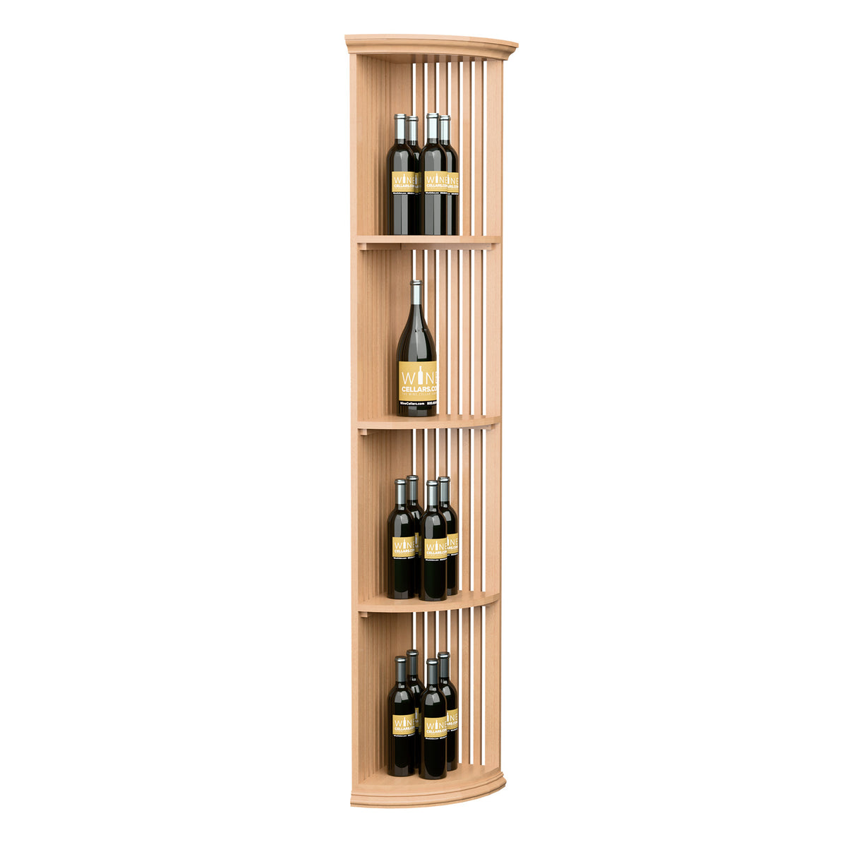 Lattice quarter-round wine shelf with round base, light wood finish and vertical slat sides