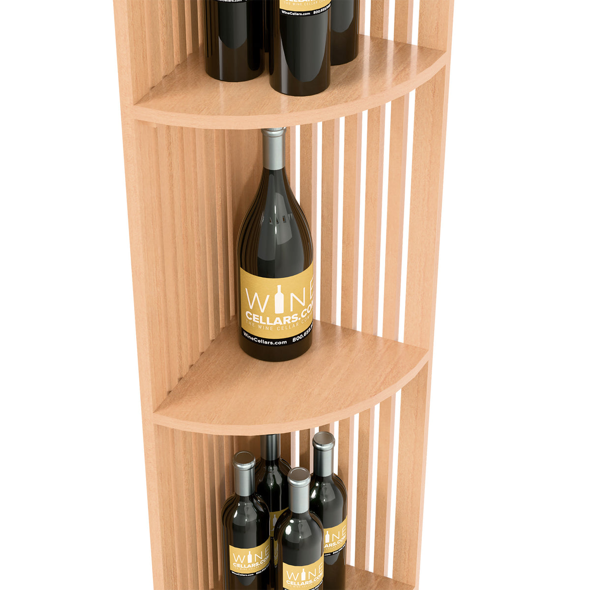 Lattice quarter-round wine shelf, light wood with curved top shelf and bottle display
