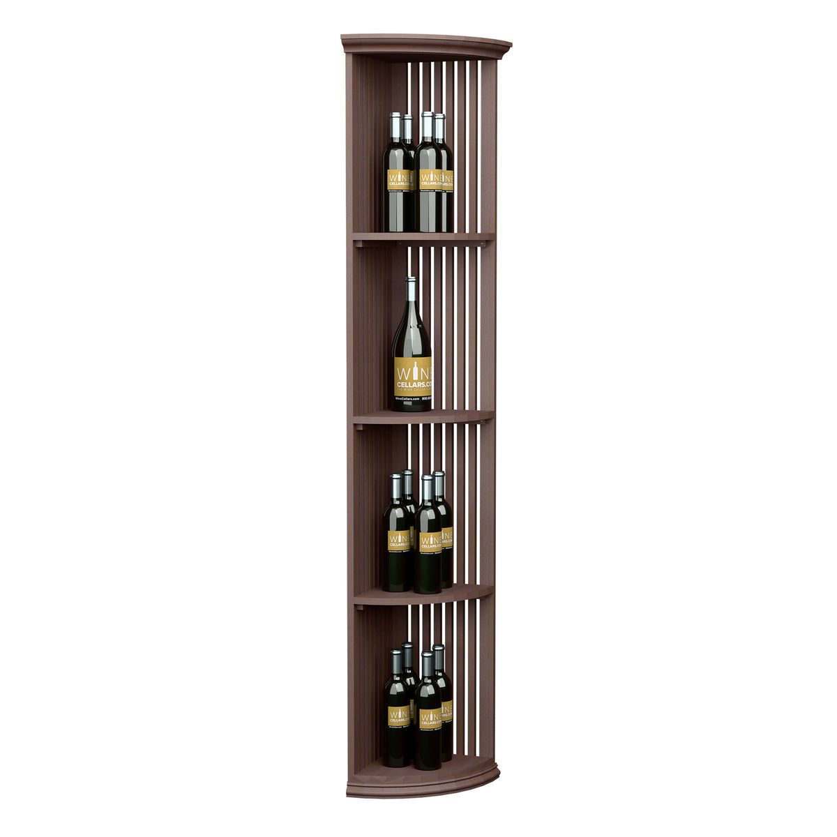 Lattice quarter-round wine shelf with round base, dark wood finish and three tiers
