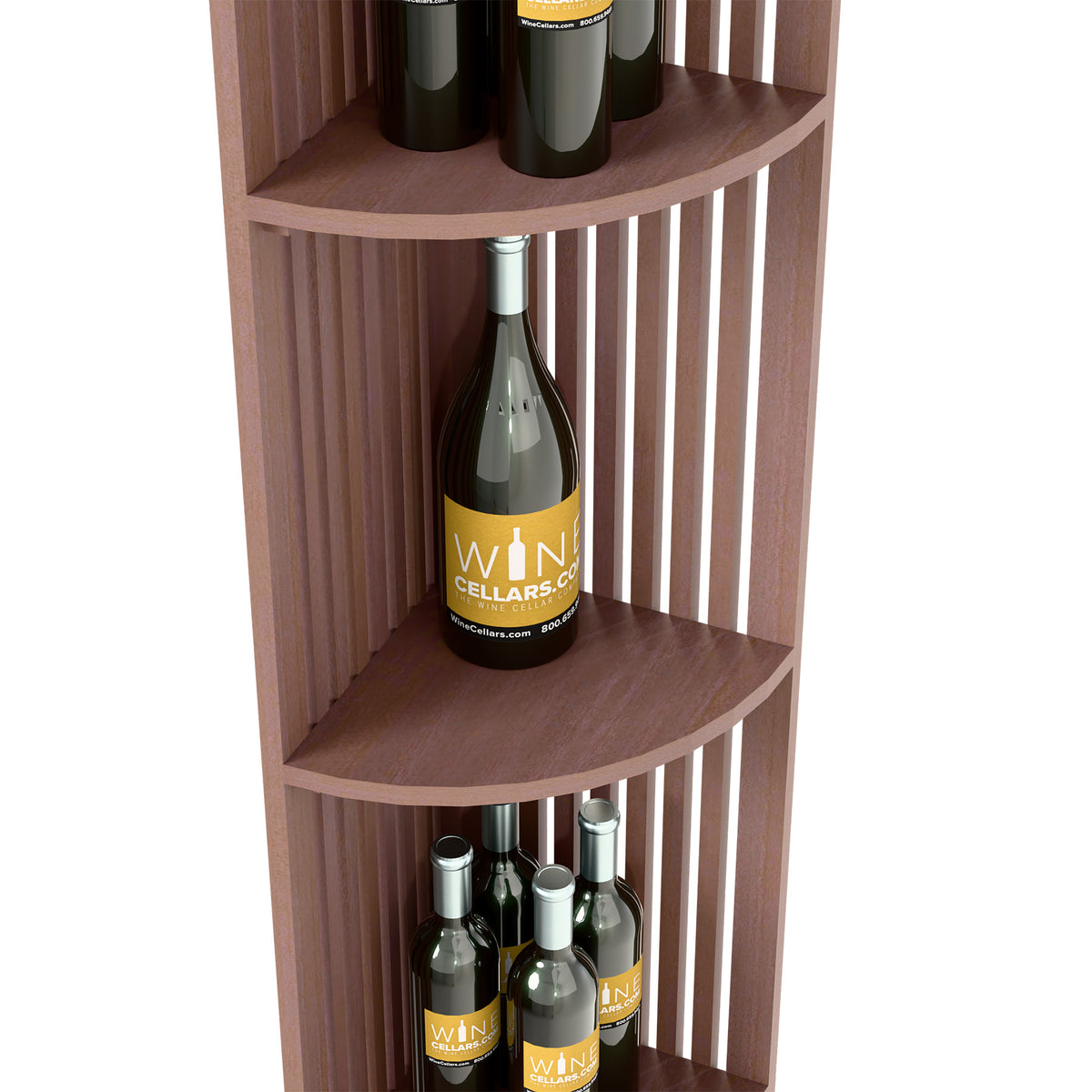 Lattice quarter-round wine shelf, dark wood corner unit with curved shelves and bottles