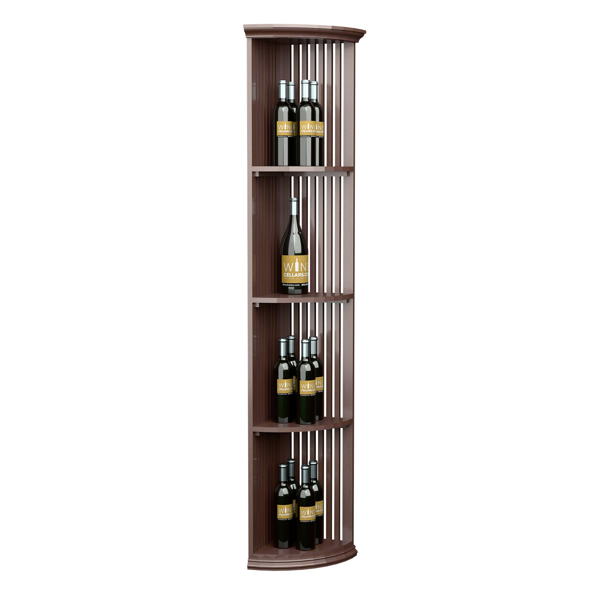 Dark wood quarter-round lattice wine shelf with round base and open bottle shelves