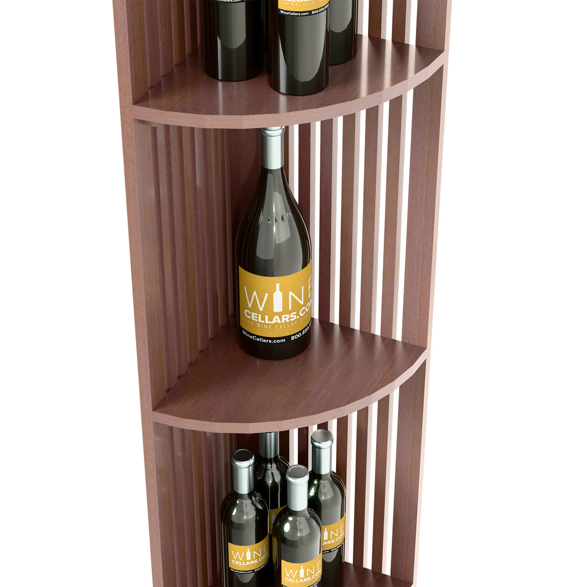 Dark wood quarter-round lattice wine shelf showing corner shelf and bottles