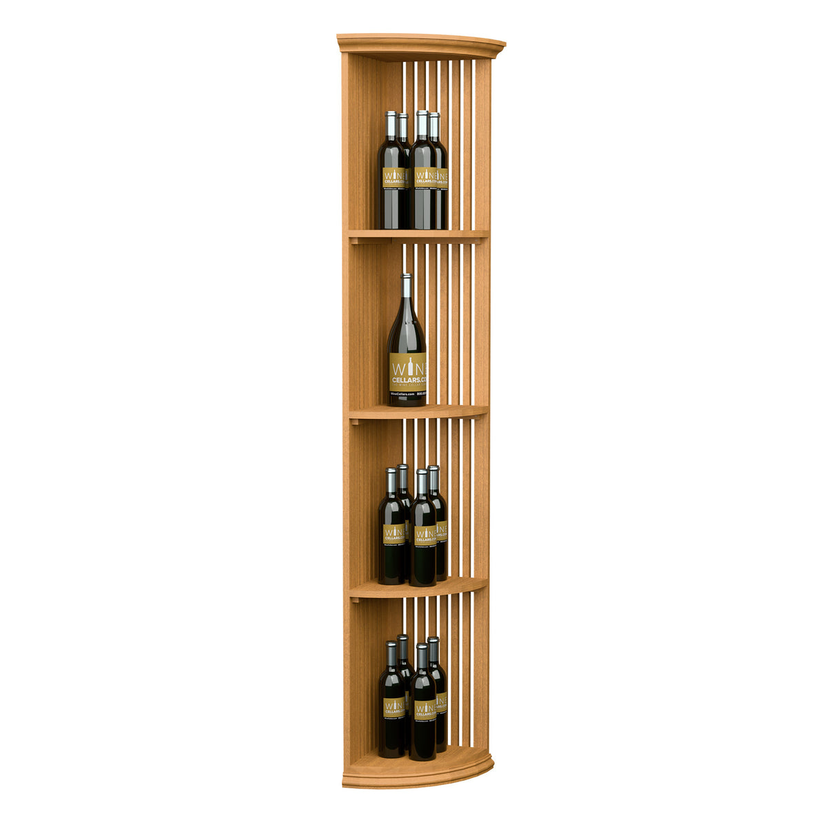 Light wood quarter-round lattice wine shelf with round base and three bottle rows