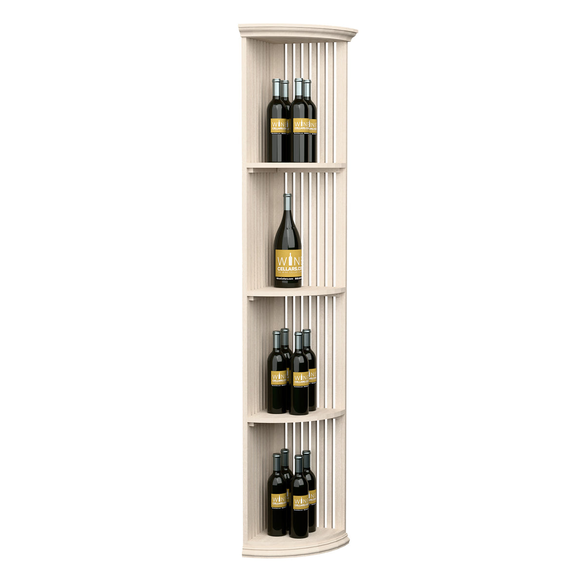 White quarter-round lattice wine shelf with round base and open bottle storage