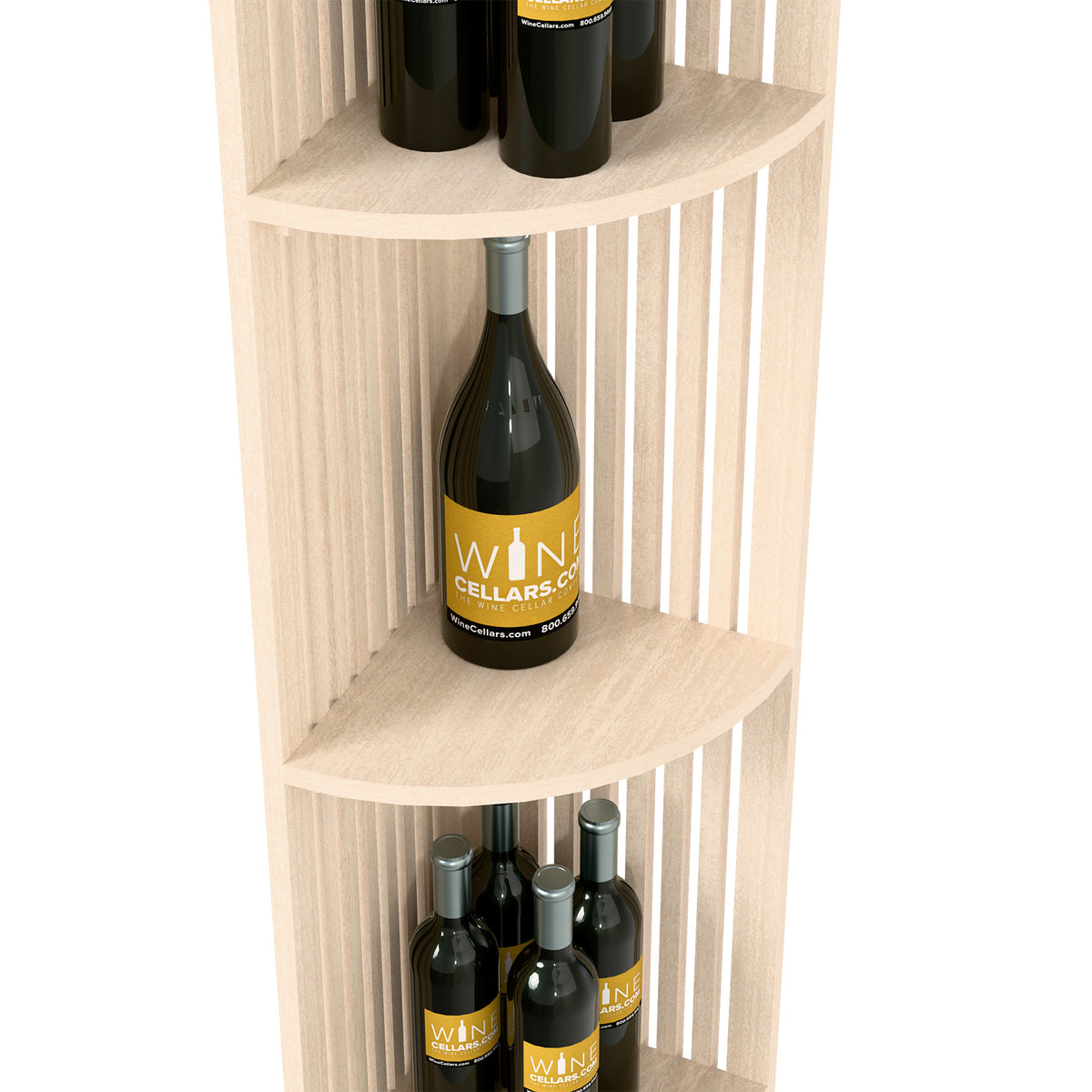 White quarter-round lattice wine shelf close-up of corner shelf with bottle