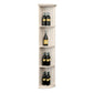 White quarter-round lattice wine shelf with round base, three open bottle shelves