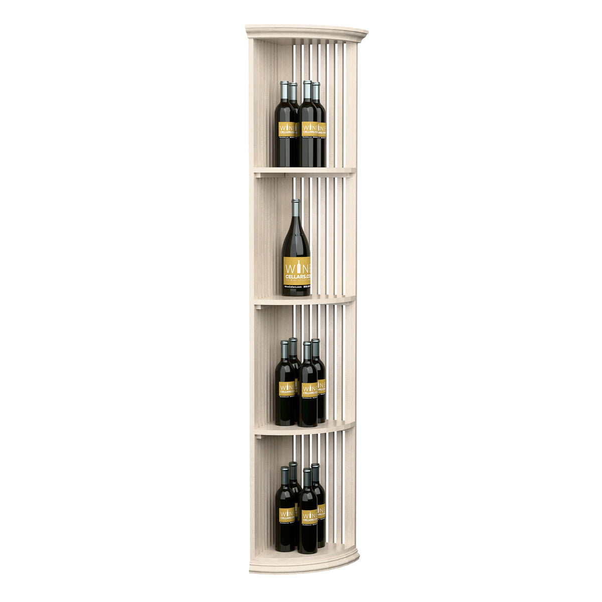 White quarter-round lattice wine shelf with round base, three open bottle shelves