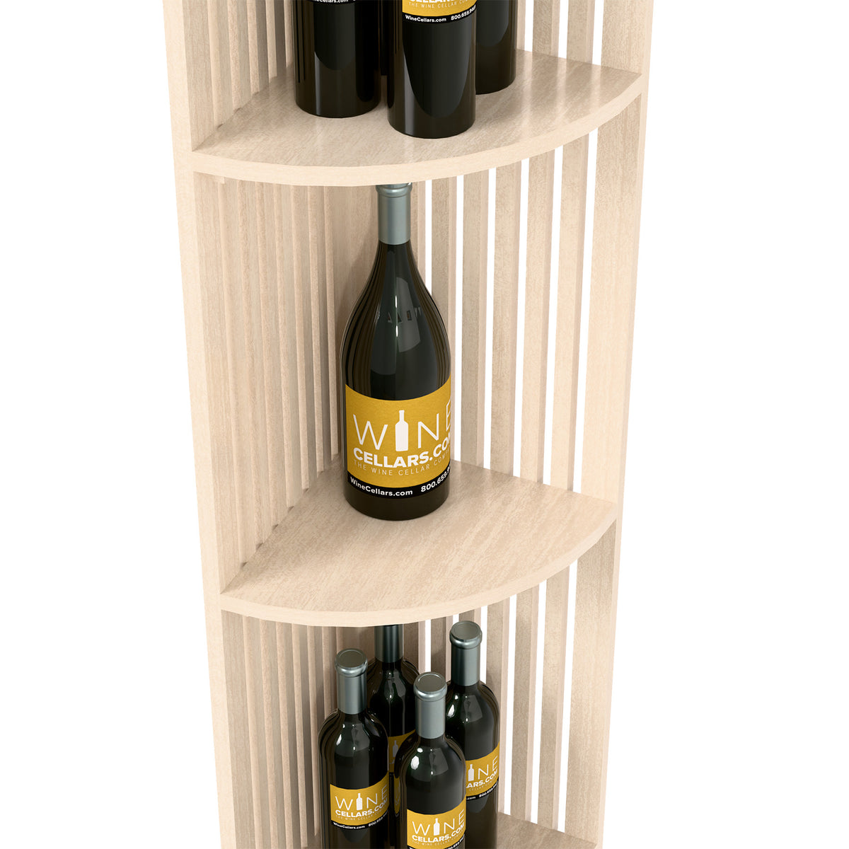 White quarter-round lattice wine shelf close-up of corner shelf with wine bottles