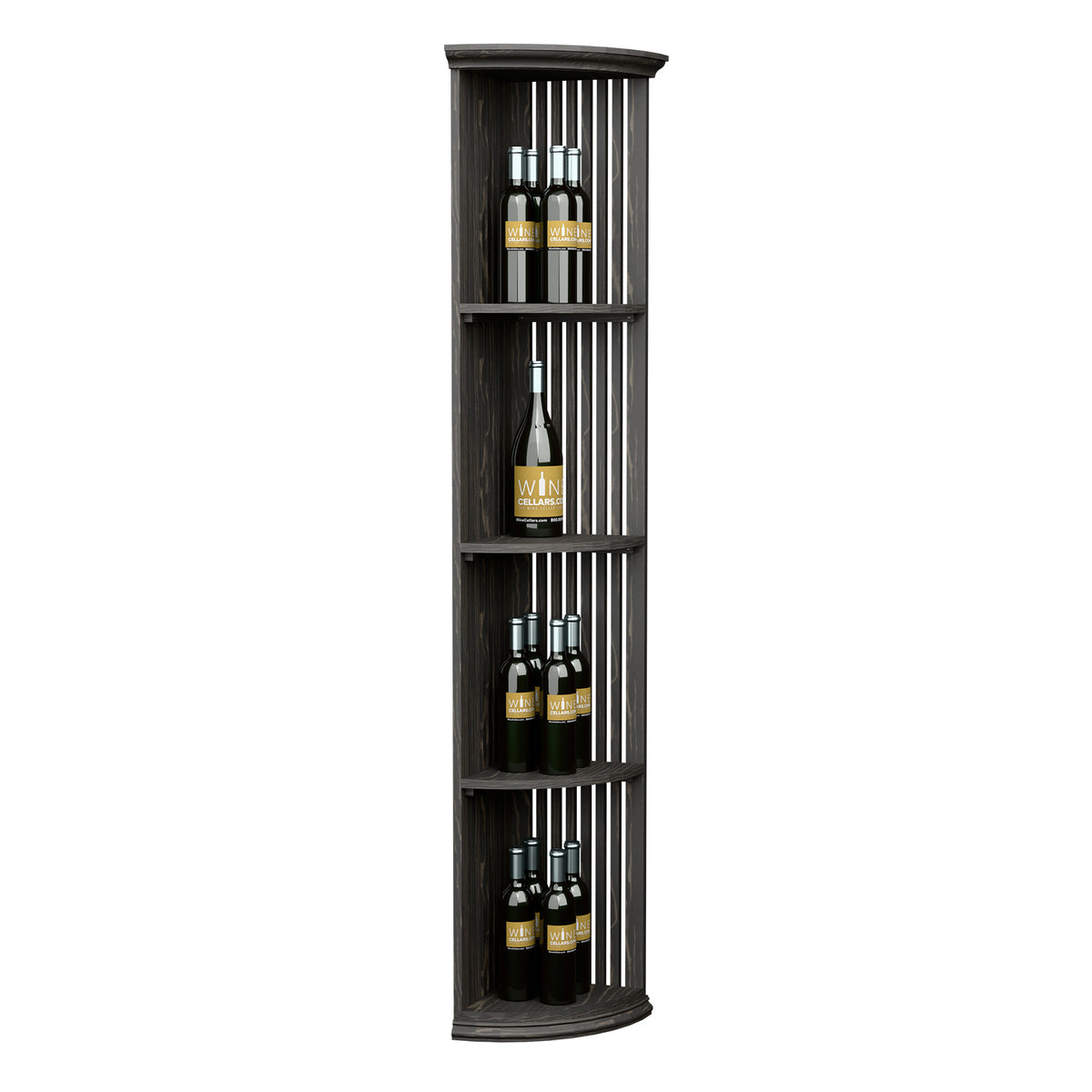 Corner wine shelf with round base, lattice sides, and 3 curved shelves; holds bottles
