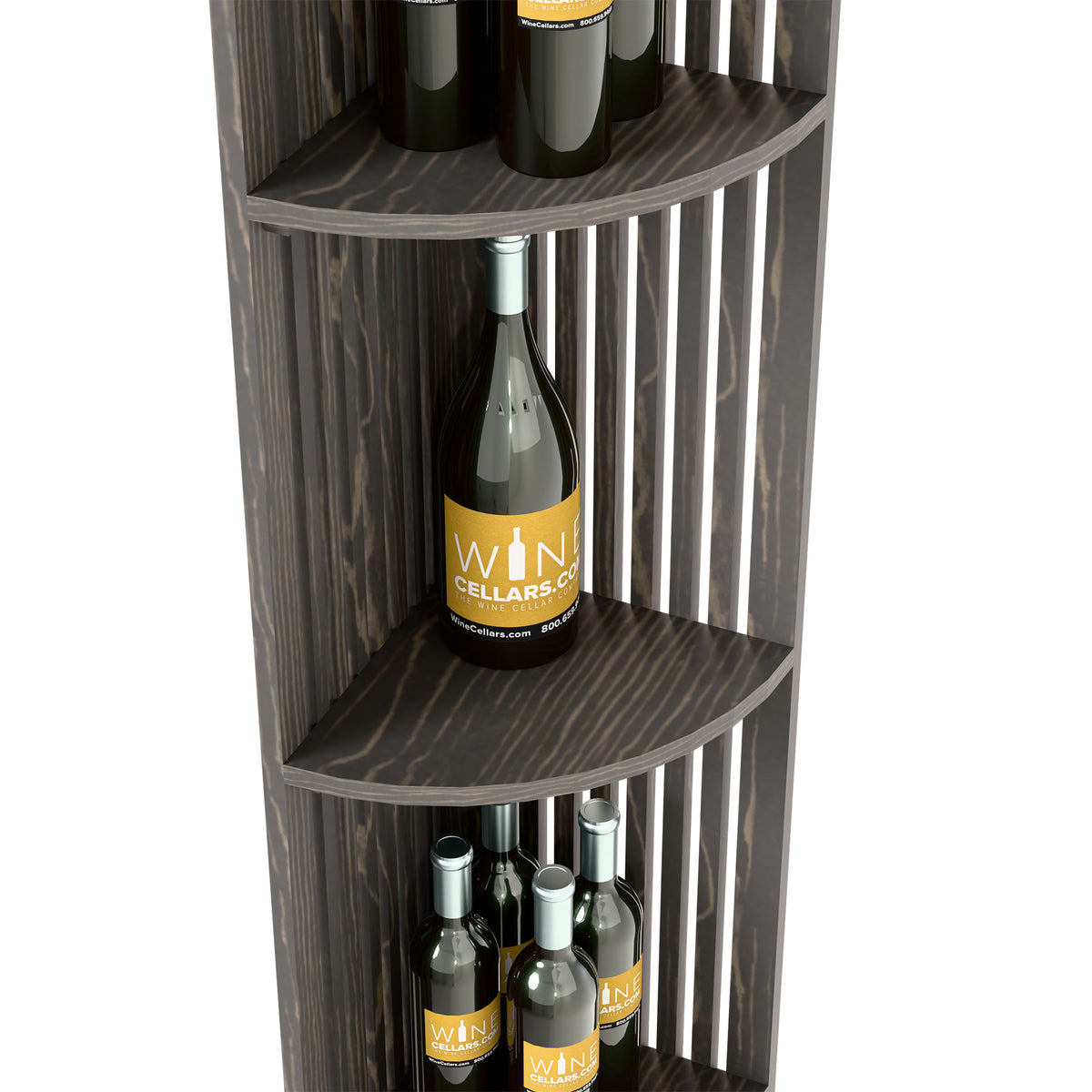 Wood wine display shelf with lattice sides and two curved shelves, bottle(s) on lower shelf