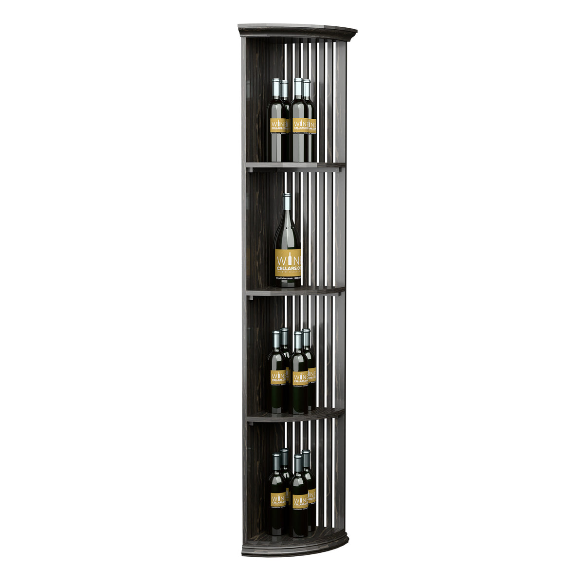 Tall corner wine shelf with round base, vertical lattice panels, and 3 bottle shelves