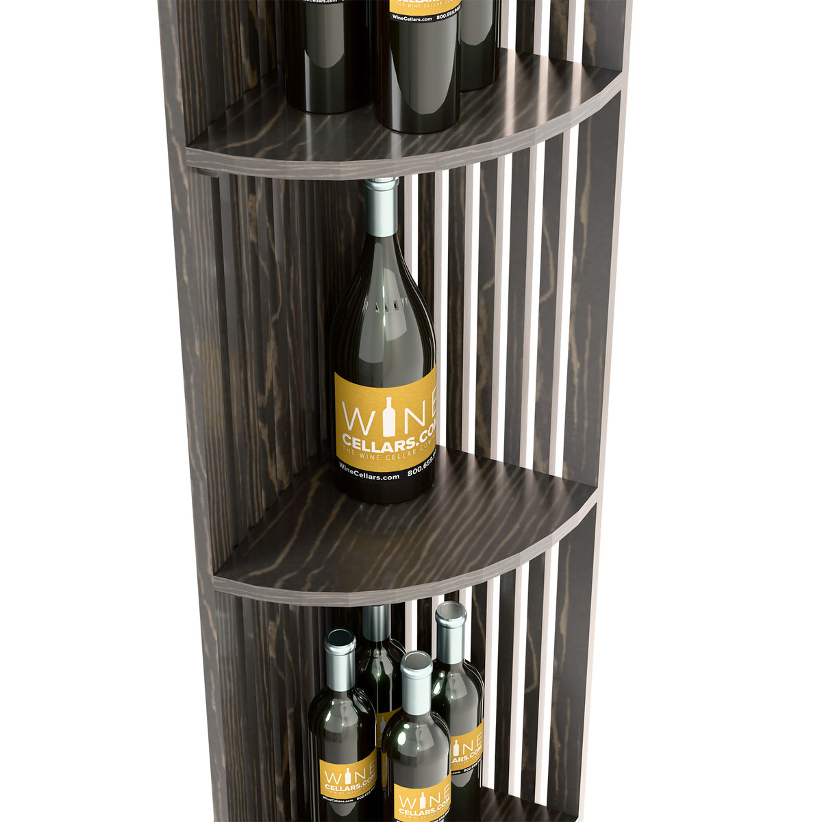 Corner wine shelf with rounded shelves and lattice side panels; wine bottle on top shelf