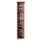 Tall corner wine shelf with round base, lattice panels, and 3 curved shelves; bottles shown