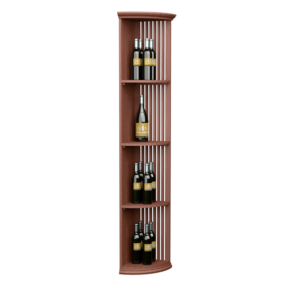Tall corner wine shelf with round base, lattice panels, and 3 curved shelves; bottles shown