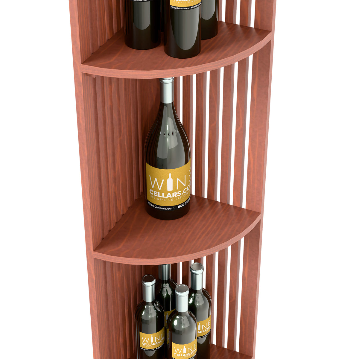 Wood wine display shelf with lattice sides and curved shelves; wine bottle on upper shelf