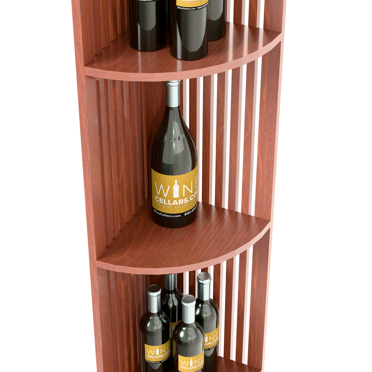 Brown wood wine shelf with rounded tiers and lattice side panels; bottle displayed