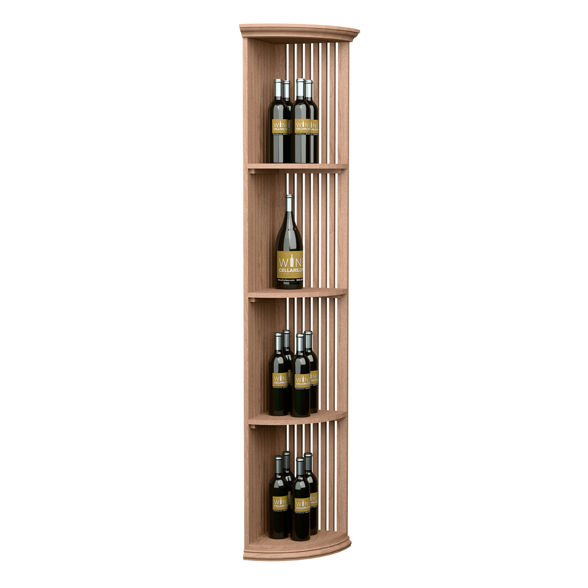 Light wood corner wine shelf with round base, lattice side panels, and 3 curved shelves