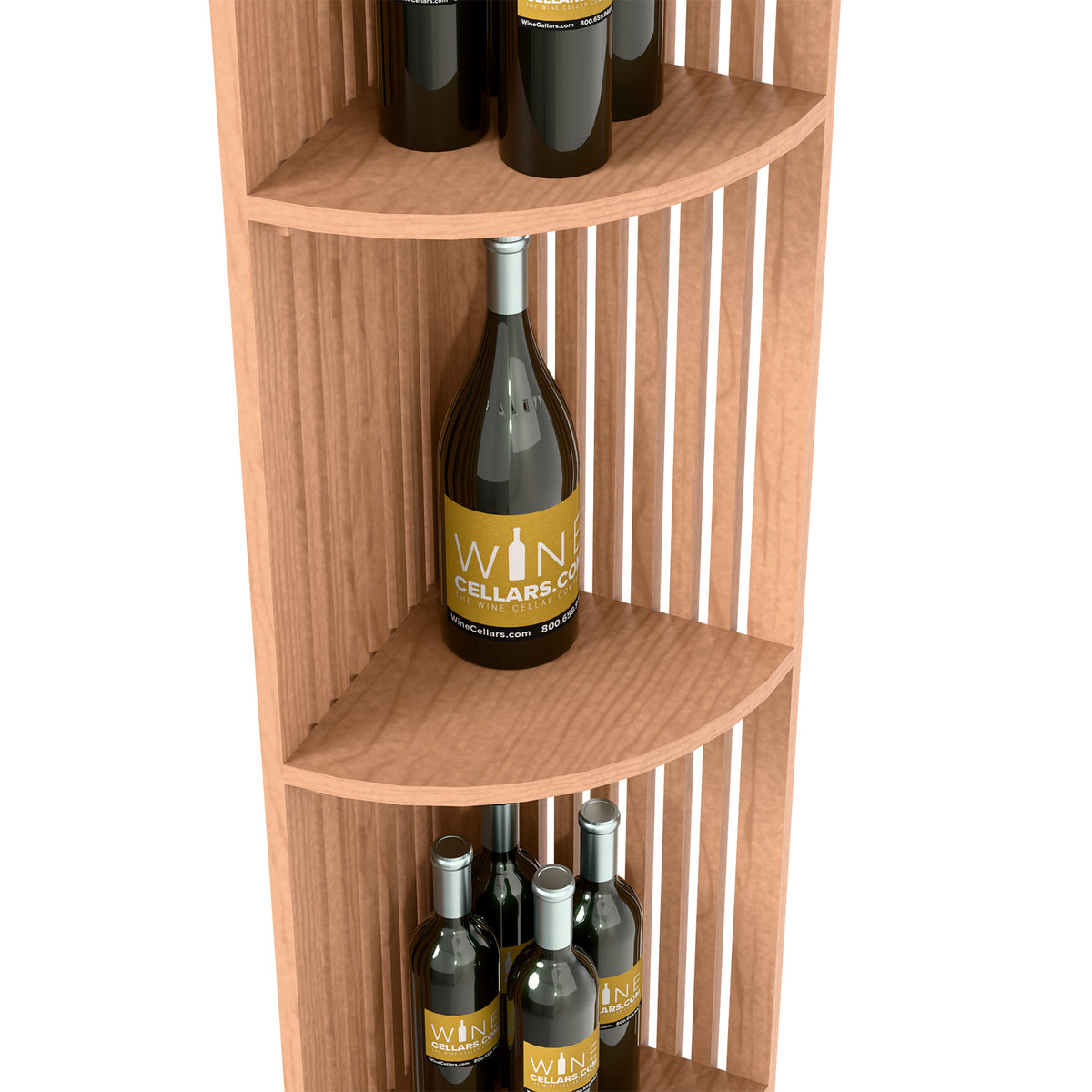 Light wood wine display shelf with lattice sides and curved shelves; bottle on middle shelf