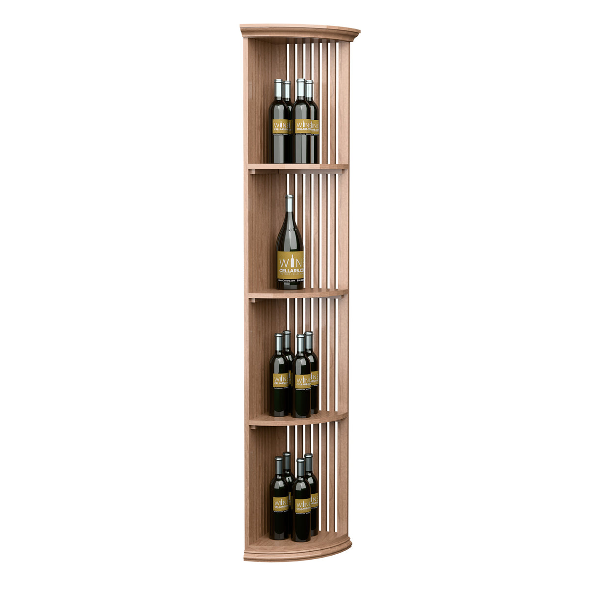 Lattice quarter-round wine shelf with round base, light wood, four curved tiers