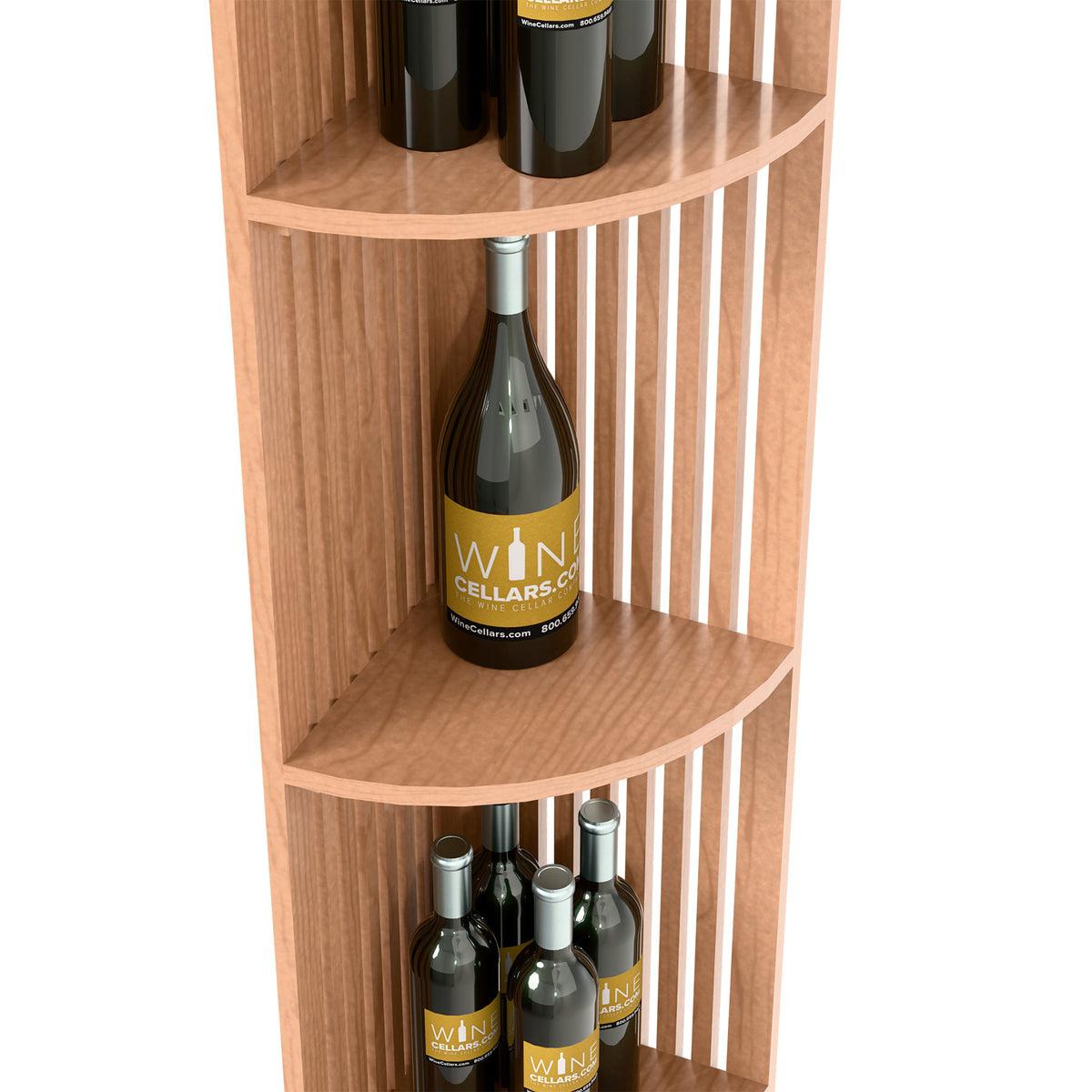 Light wood lattice wine shelf, showing bottles on curved middle shelf
