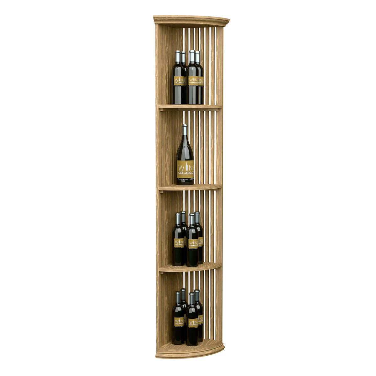 Lattice quarter-round wine shelf with round base, light wood, full view