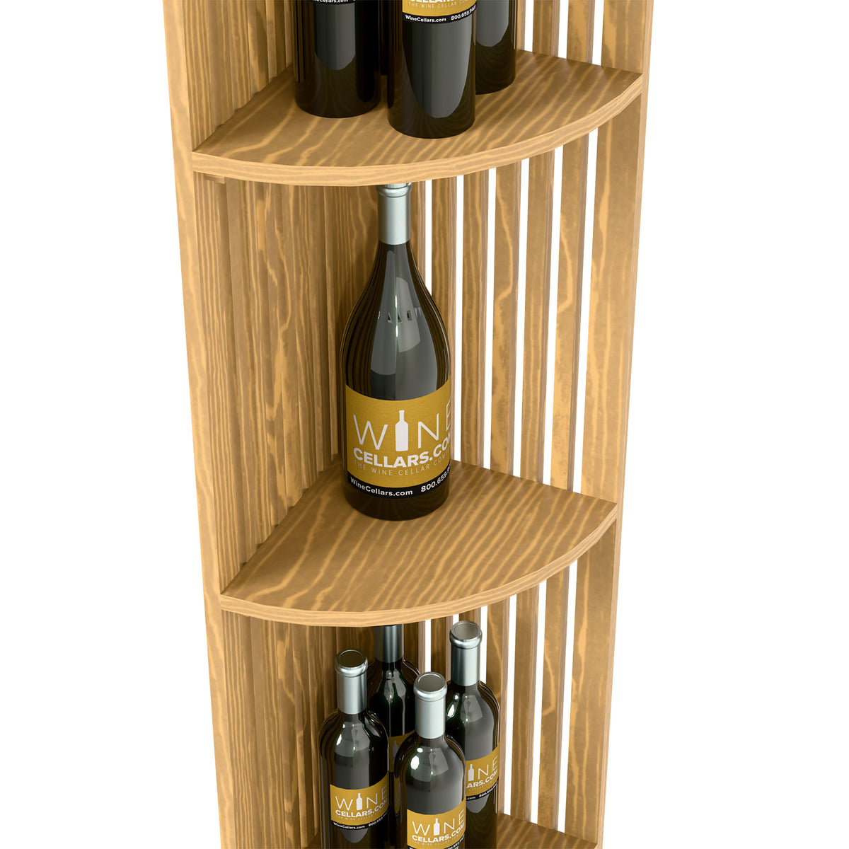 Light wood lattice wine shelf close-up, bottle on upper curved tier