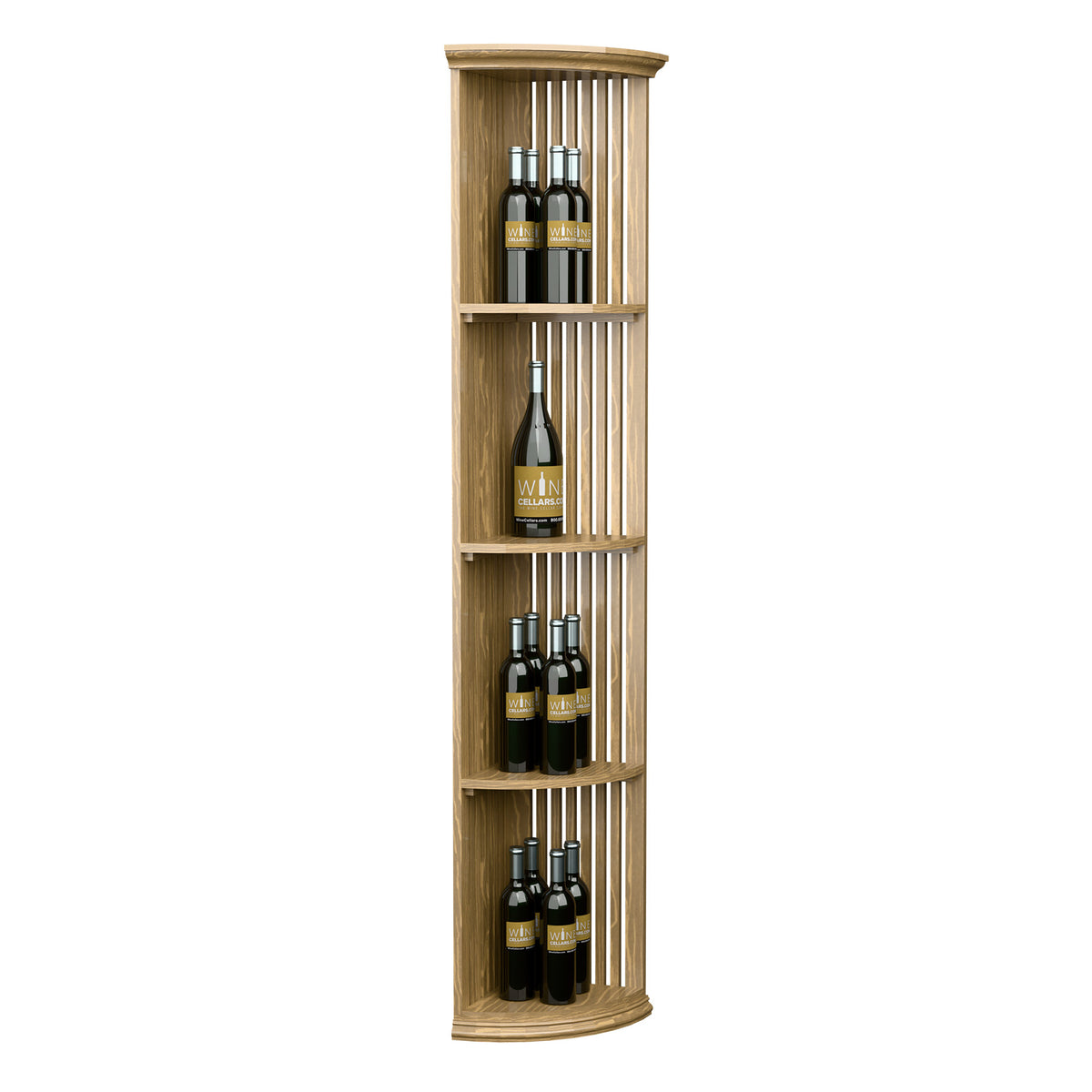 Lattice quarter-round wine shelf with round base, light wood, four bottle shelves