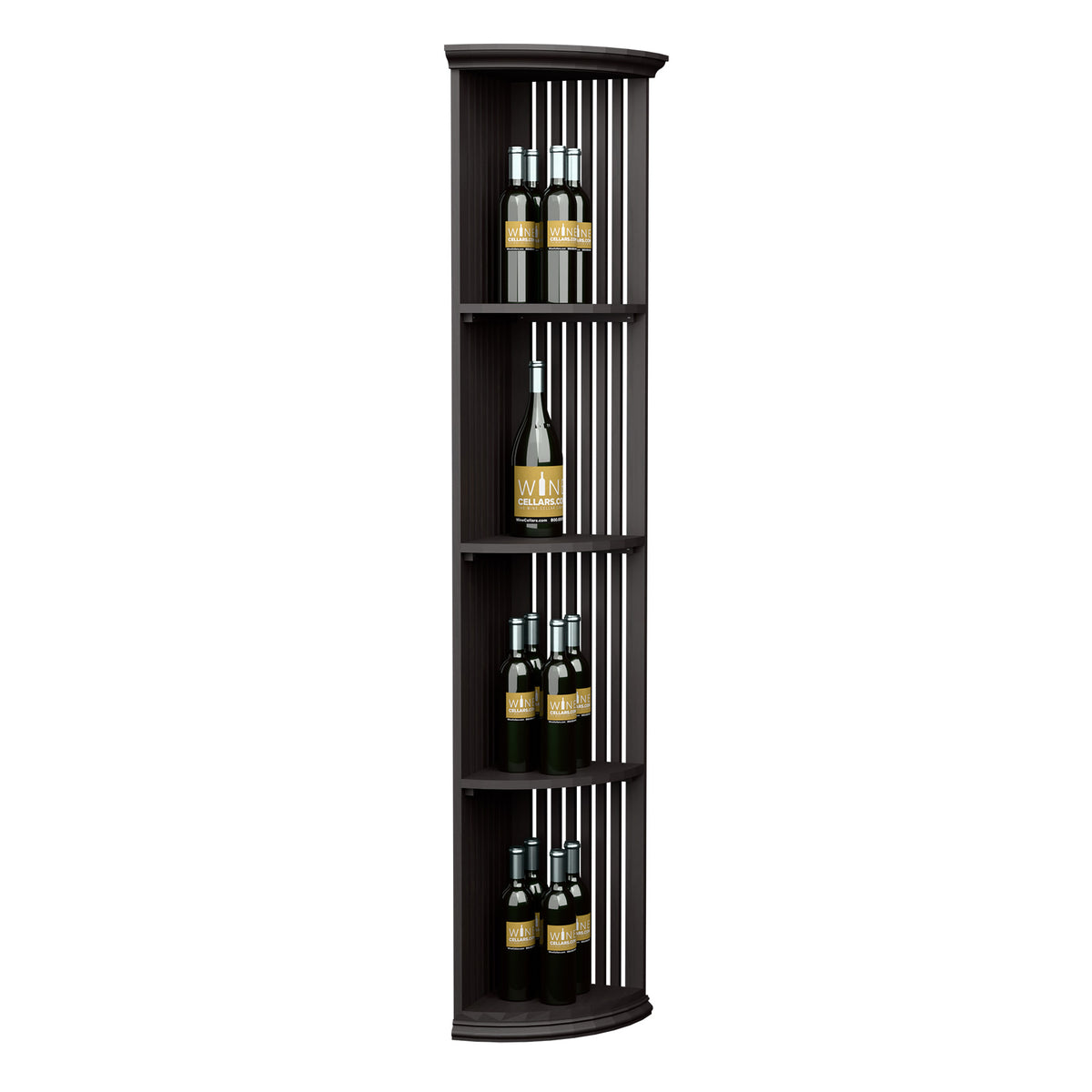 Lattice quarter-round wine shelf with round base, dark finish, four curved tiers