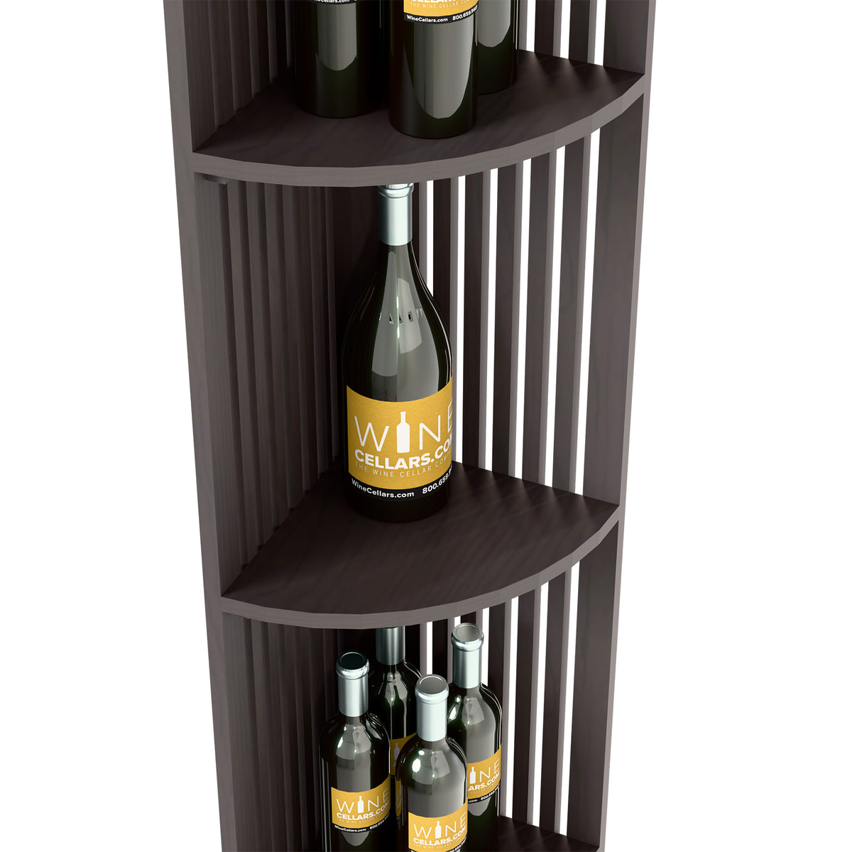 Dark lattice wine shelf close-up, bottle on curved middle shelf