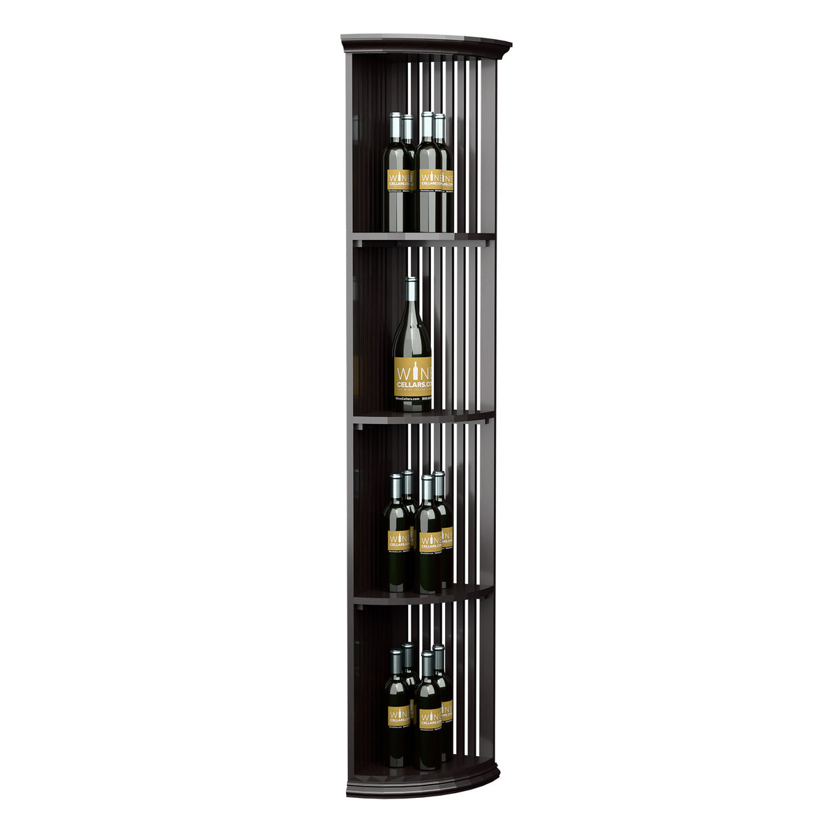 Lattice quarter-round wine shelf with round base, dark finish, full-height view