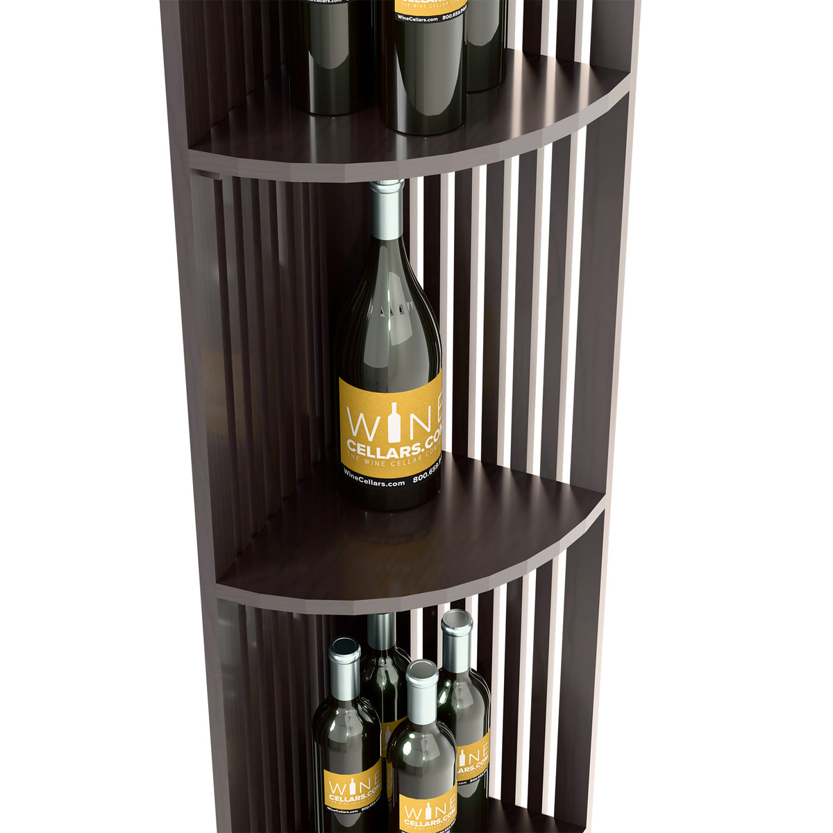 Dark lattice wine shelf close-up, bottles on upper curved tier