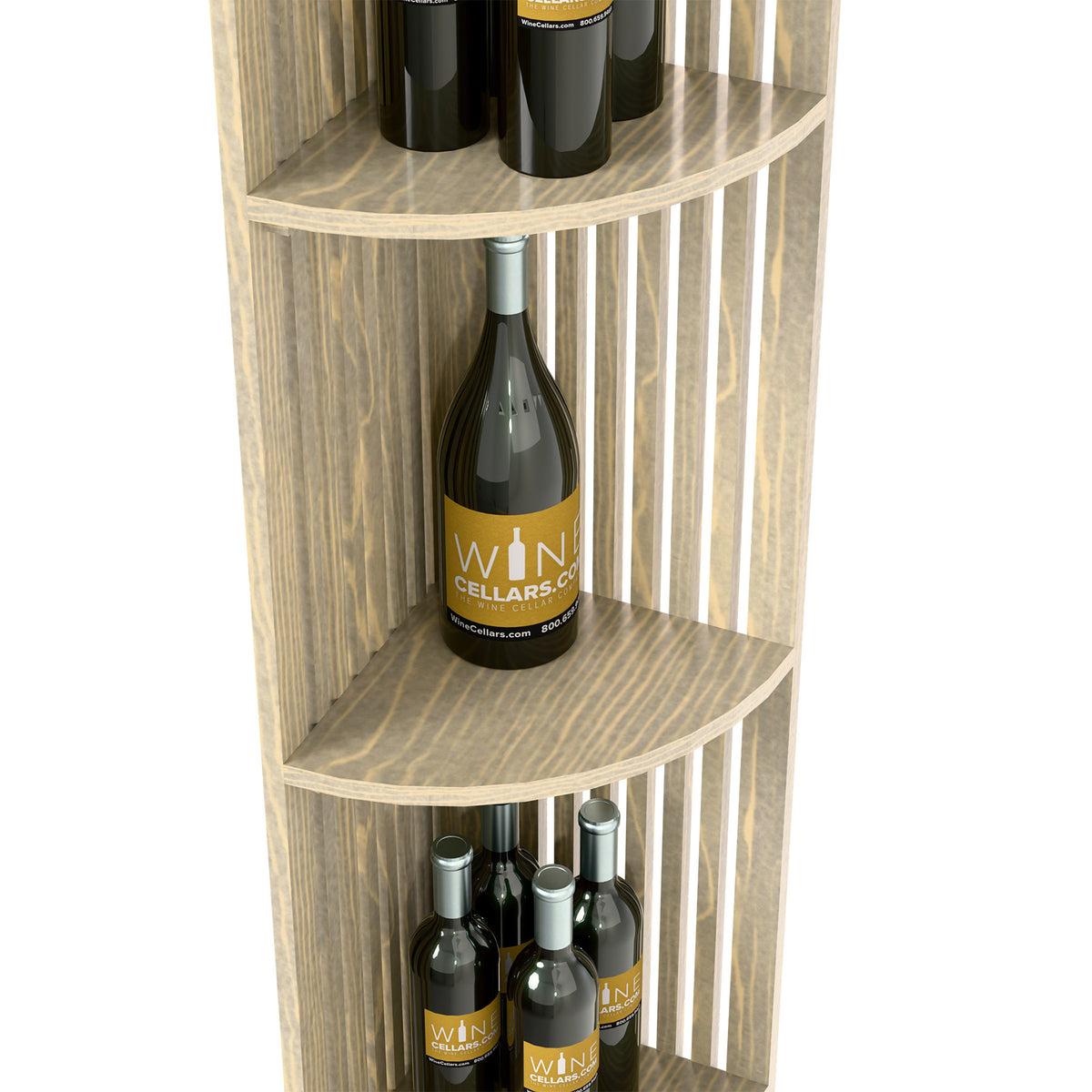 Natural quarter-round lattice wine shelf with two curved shelves and bottle slots