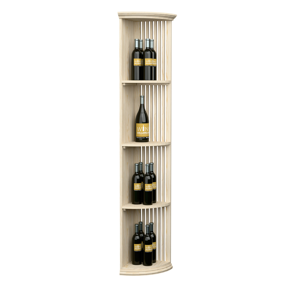Light natural lattice quarter-round wine shelf with round base, four bottle openings