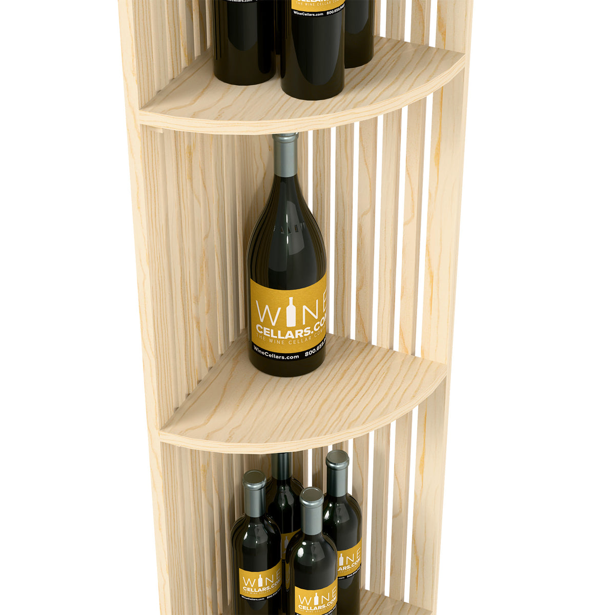 Light natural quarter-round lattice wine shelf with curved top and middle shelves