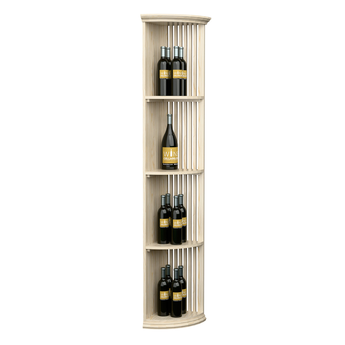 Light wood lattice wine shelf tower with round base and four bottle tiers