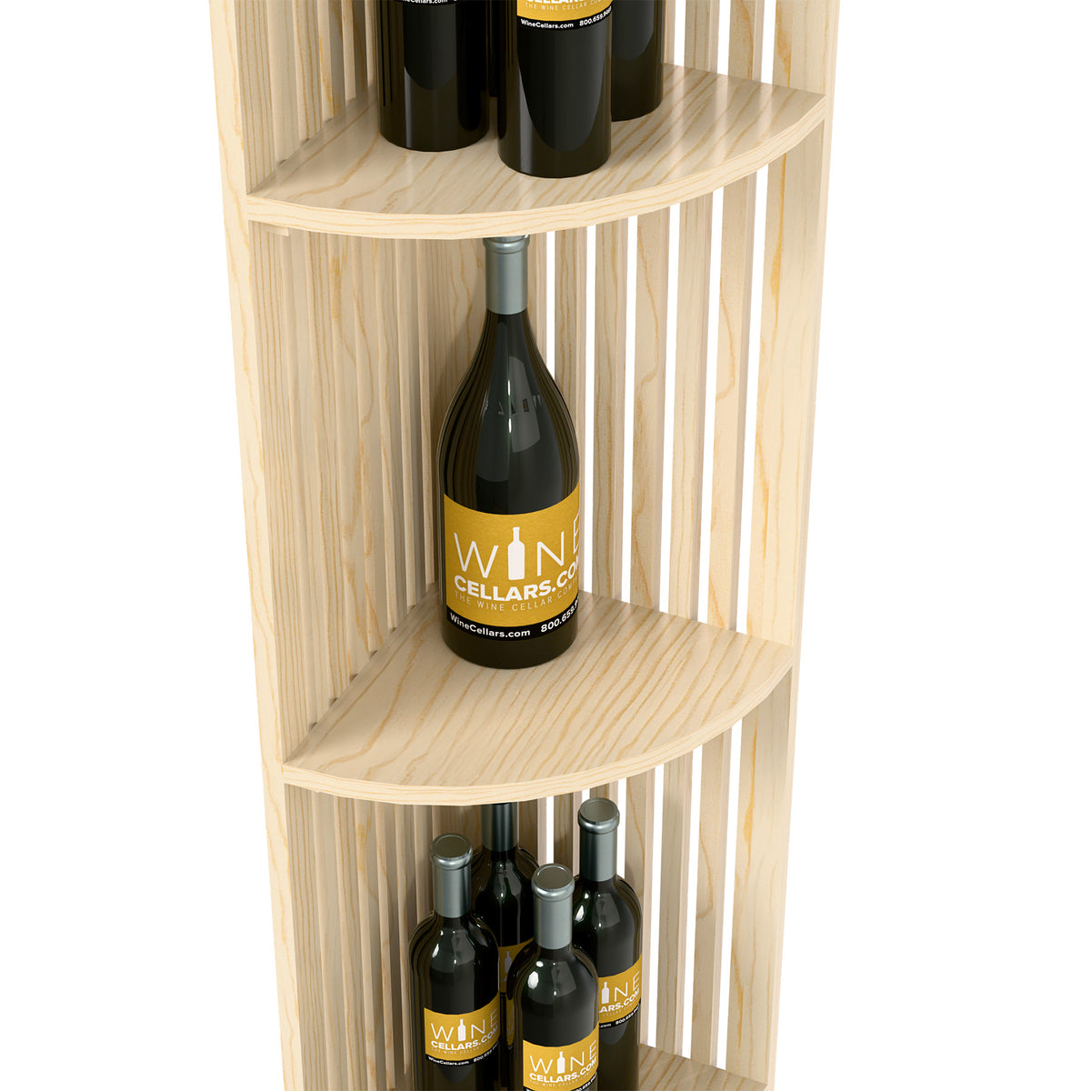 Light wood lattice quarter-round wine shelf with curved shelves for bottles