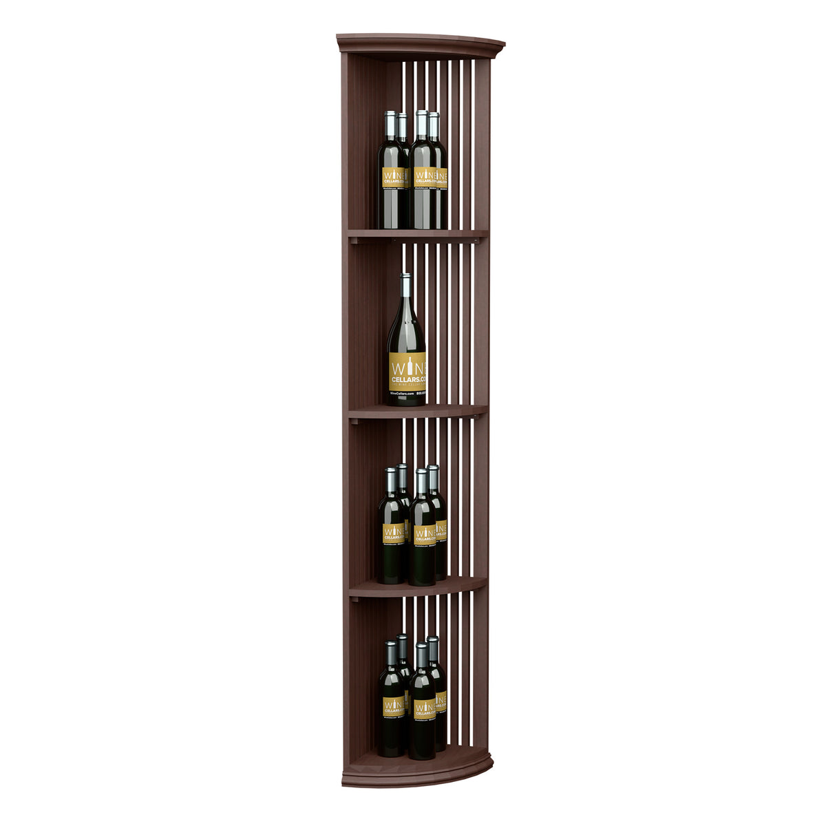Dark brown lattice quarter-round wine shelf with round base and four bottle tiers