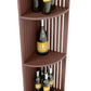 Dark brown quarter-round lattice wine shelf corner with curved shelves and bottle slots