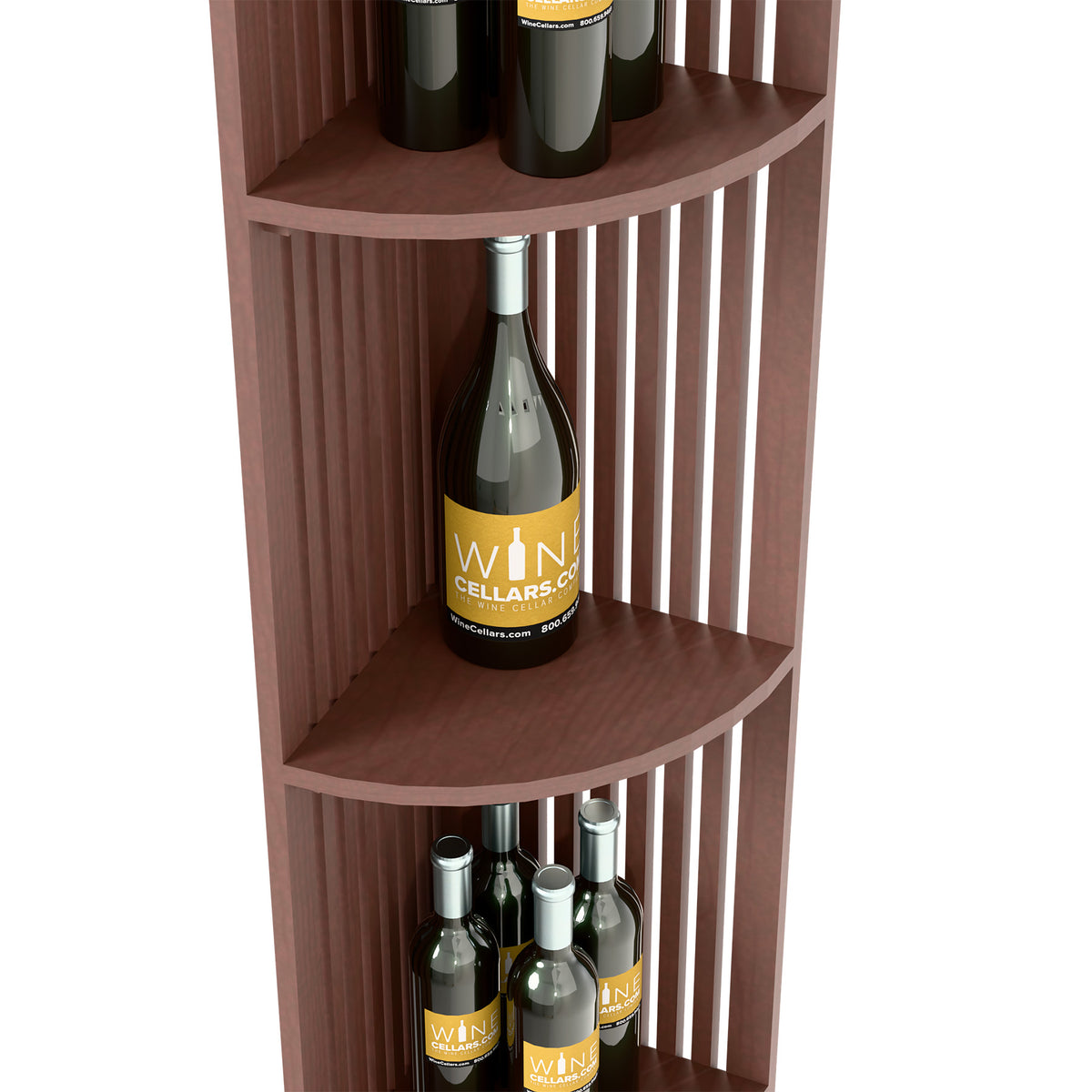 Dark brown quarter-round lattice wine shelf corner with curved shelves and bottle slots