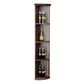 Brown lattice quarter round shelf with round base, 3 tiers of wine bottles.